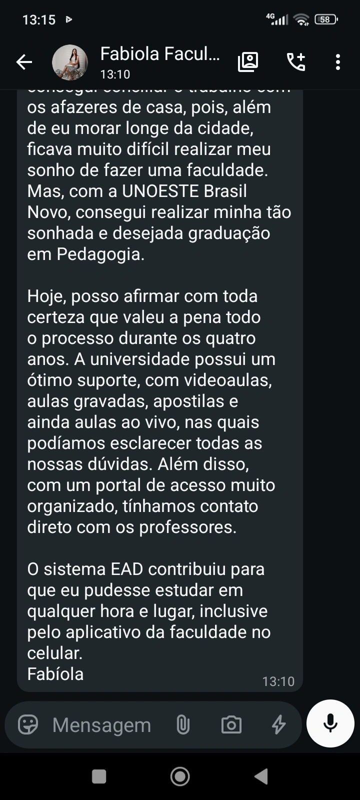 Depoimento de aluno
